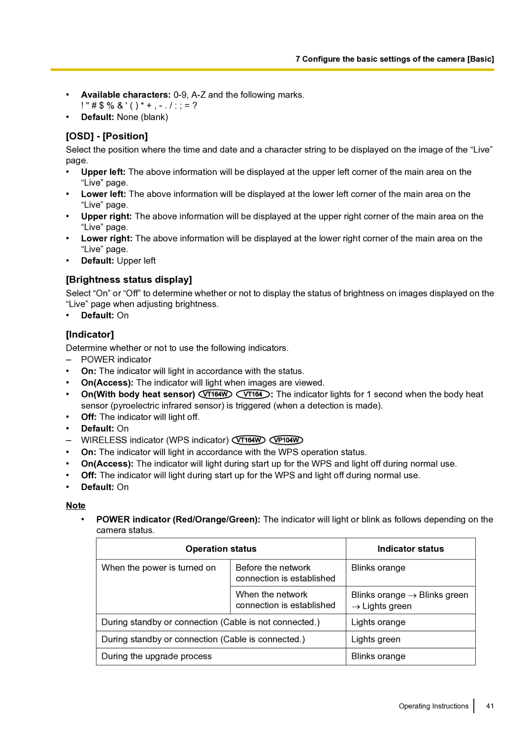 Panasonic BLVT164P operating instructions OSD Position, Brightness status display, Indicator 