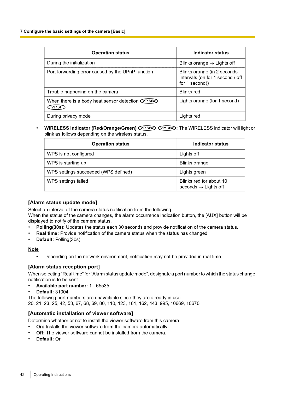 Panasonic BLVT164P Alarm status update mode, Alarm status reception port, Automatic installation of viewer software 