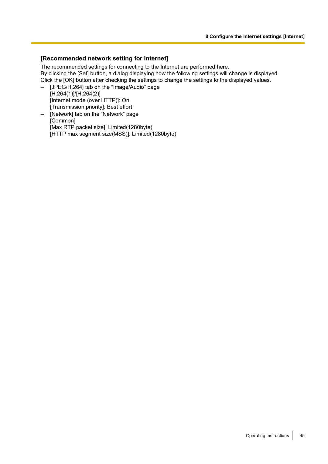 Panasonic BLVT164P operating instructions Recommended network setting for internet 