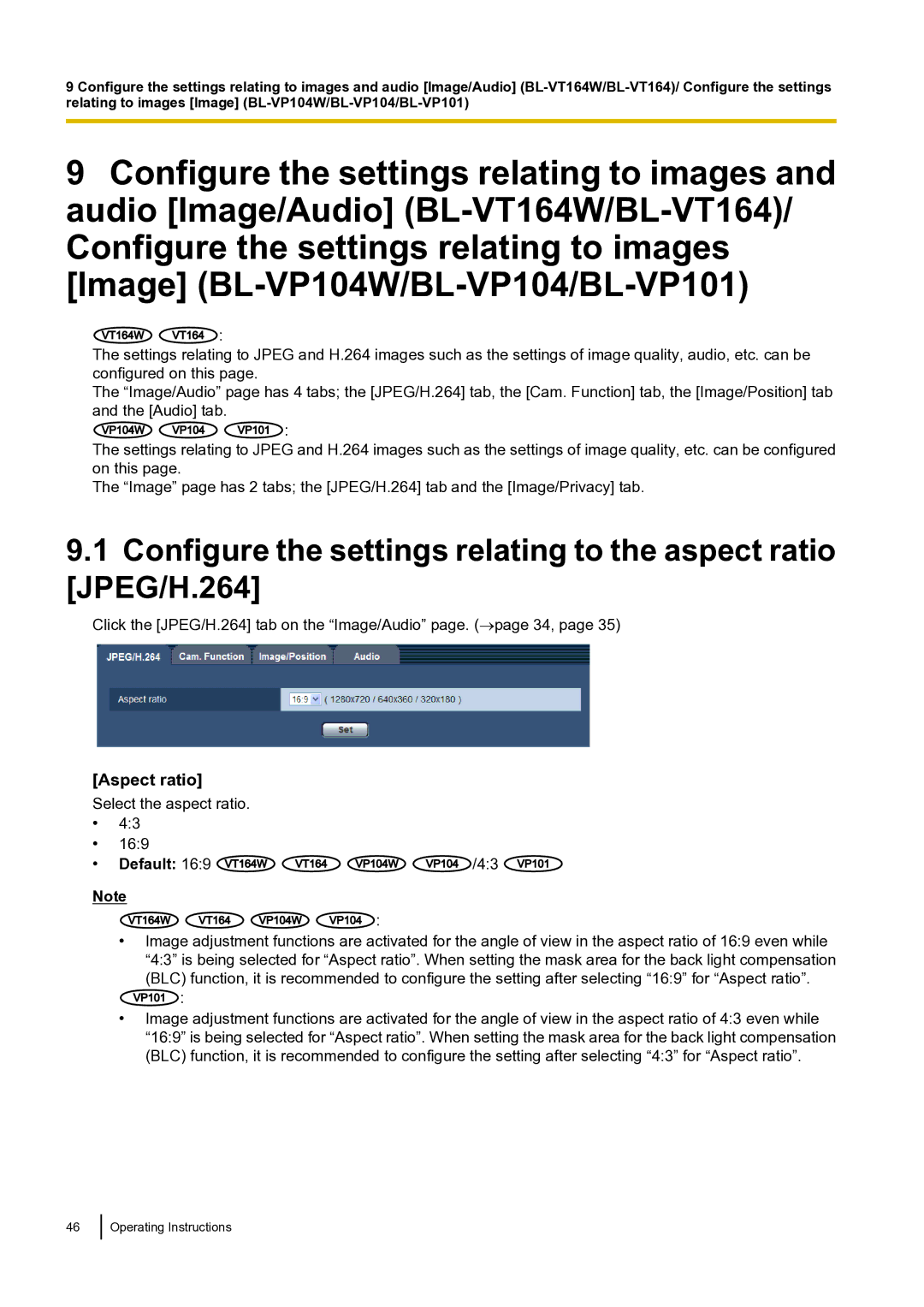 Panasonic BLVT164P operating instructions Aspect ratio, Default 169 VT164W 