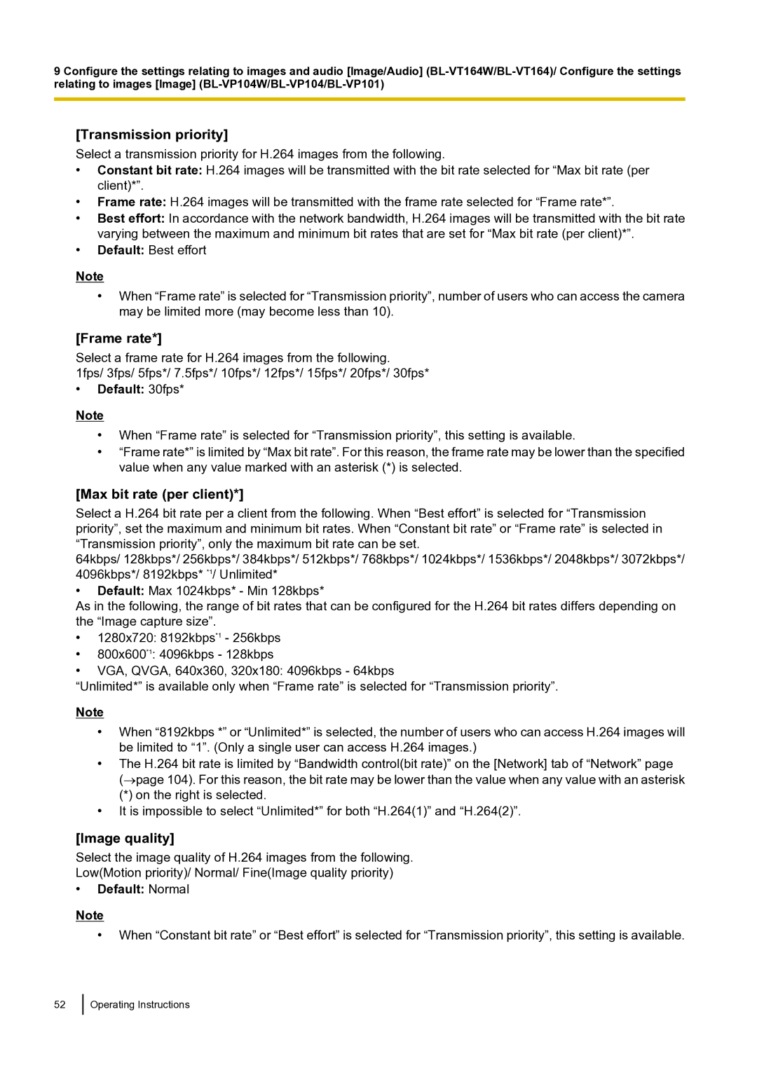 Panasonic BLVT164P operating instructions Transmission priority, Frame rate, Max bit rate per client, Default Normal 