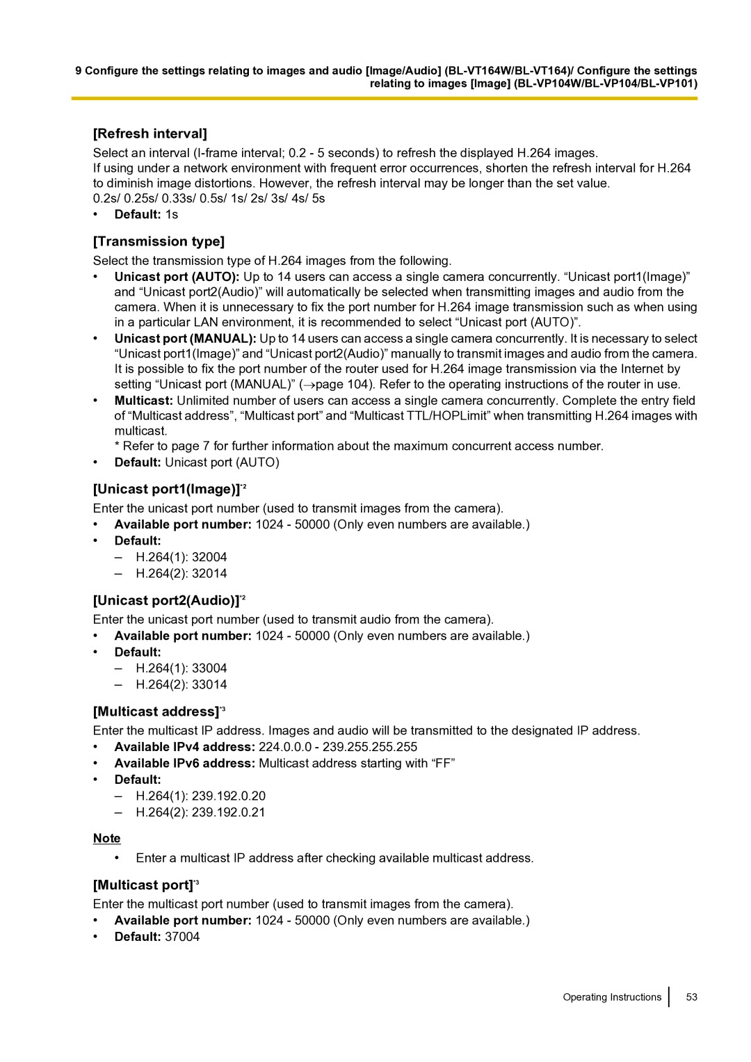 Panasonic BLVT164P Refresh interval, Transmission type, Unicast port1Image*2, Unicast port2Audio*2, Multicast address*3 