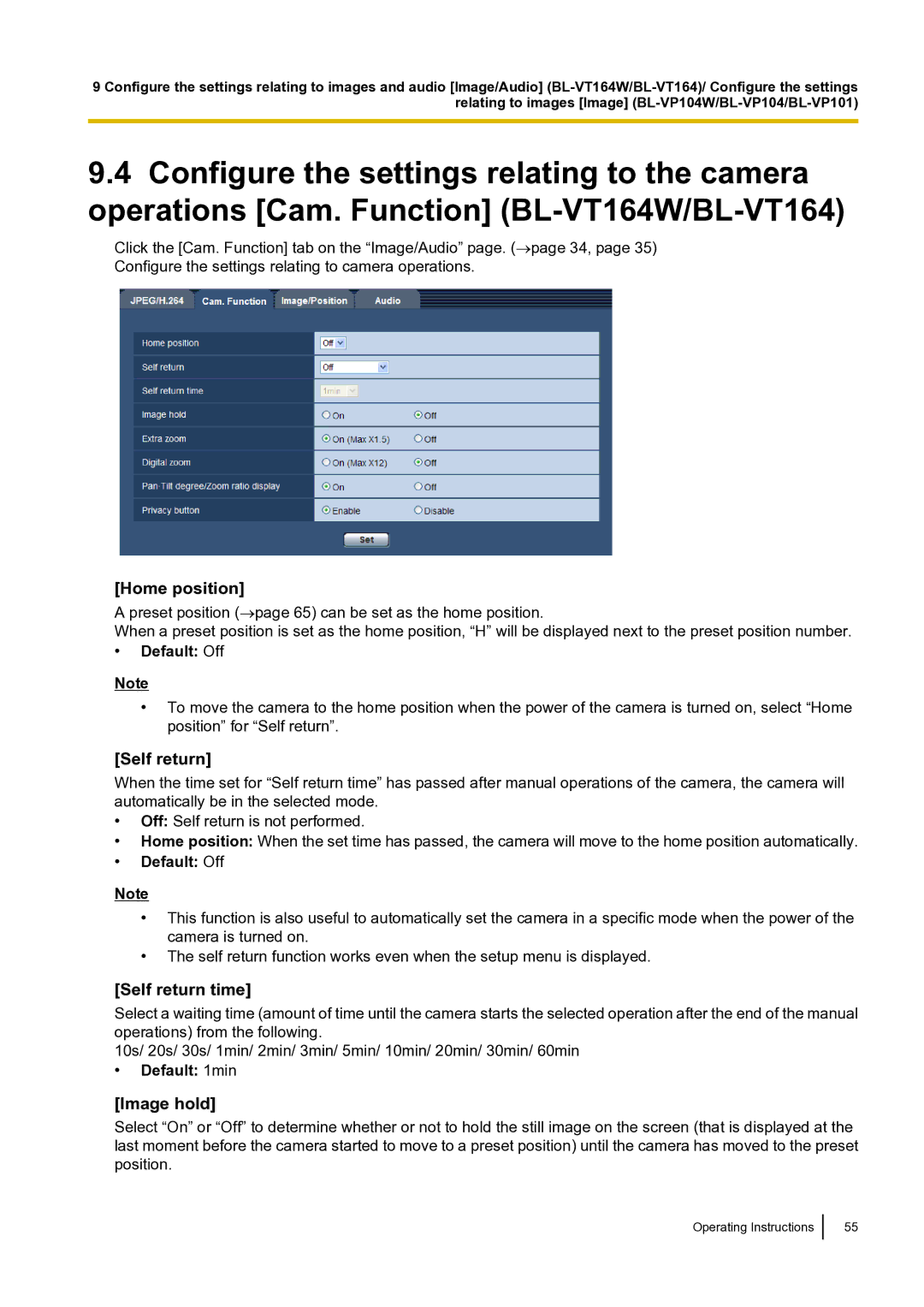 Panasonic BLVT164P operating instructions Home position, Self return time, Image hold, Default 1min 