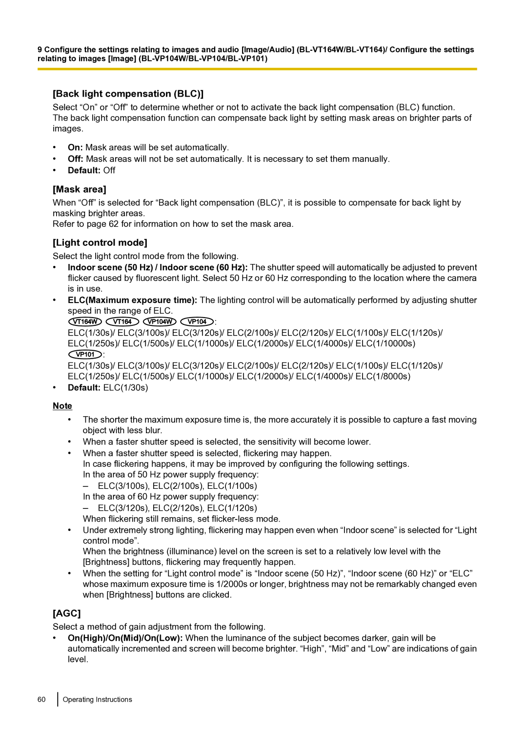 Panasonic BLVT164P operating instructions Back light compensation BLC, Mask area, Light control mode 