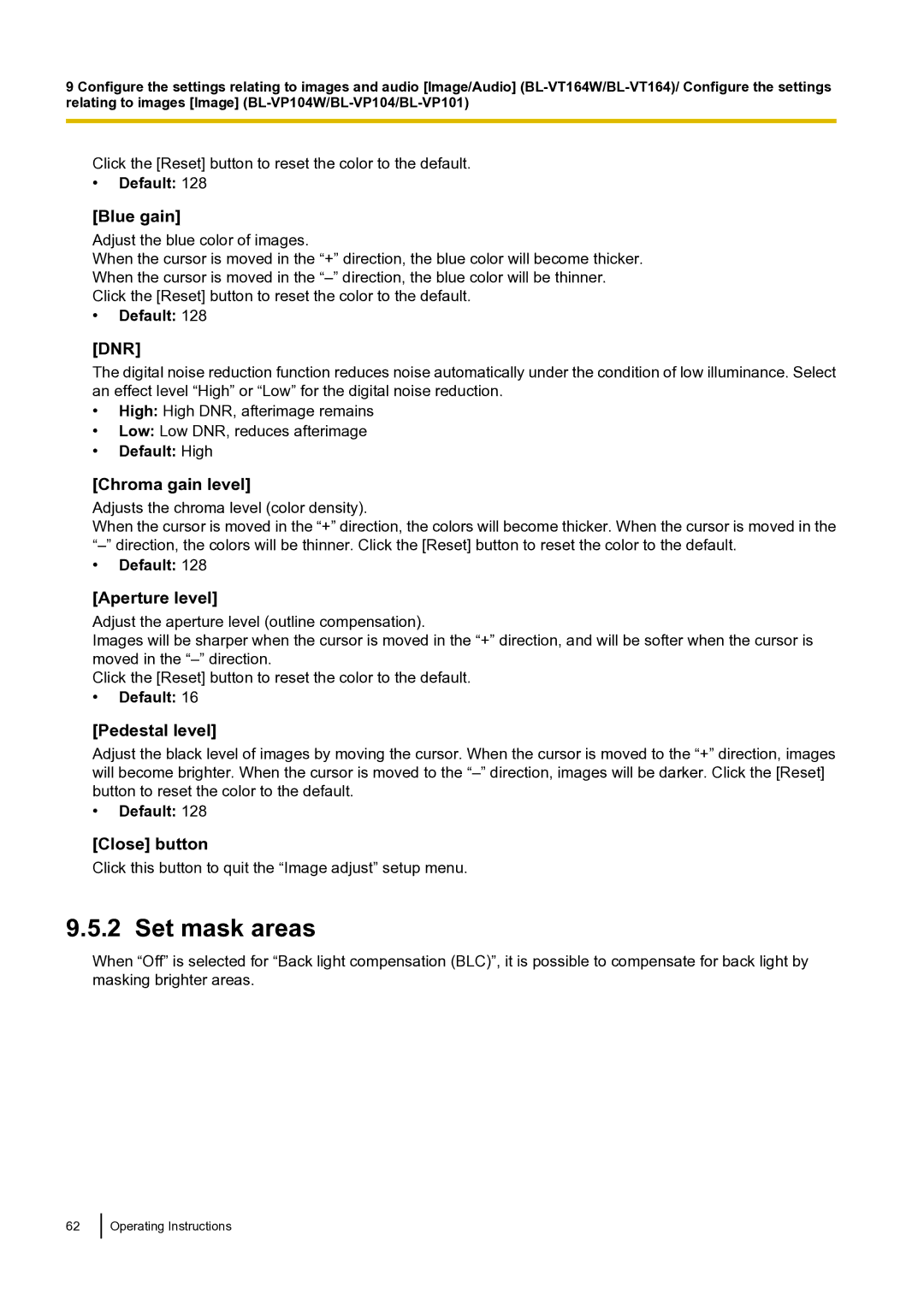 Panasonic BLVT164P operating instructions Blue gain, Chroma gain level, Aperture level, Pedestal level, Close button 