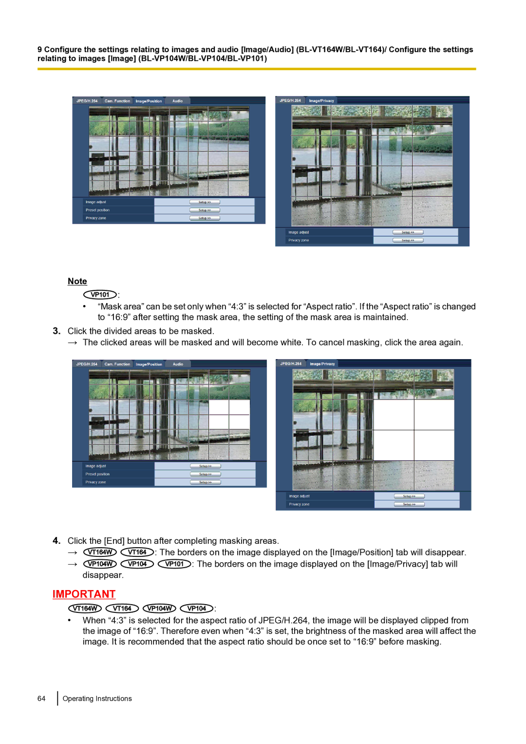 Panasonic BLVT164P operating instructions Borders on the image displayed on the Image/Privacy tab will 