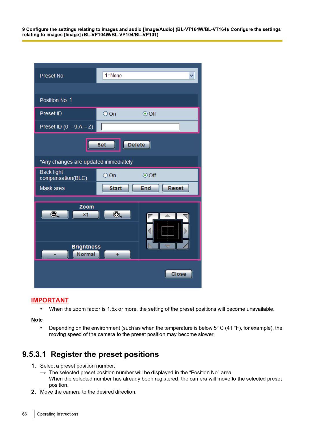 Panasonic BLVT164P operating instructions Register the preset positions 