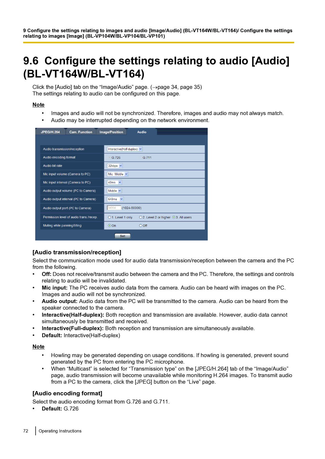 Panasonic BLVT164P operating instructions Audio transmission/reception, Audio encoding format, Default G.726 