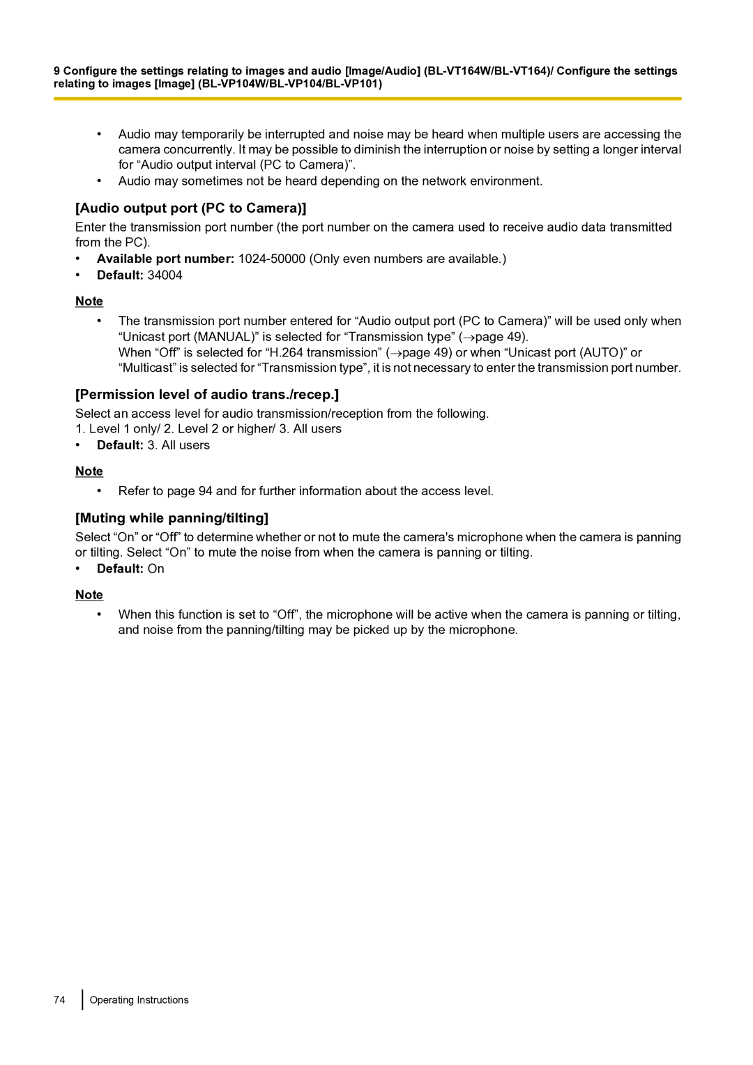 Panasonic BLVT164P Audio output port PC to Camera, Permission level of audio trans./recep, Muting while panning/tilting 