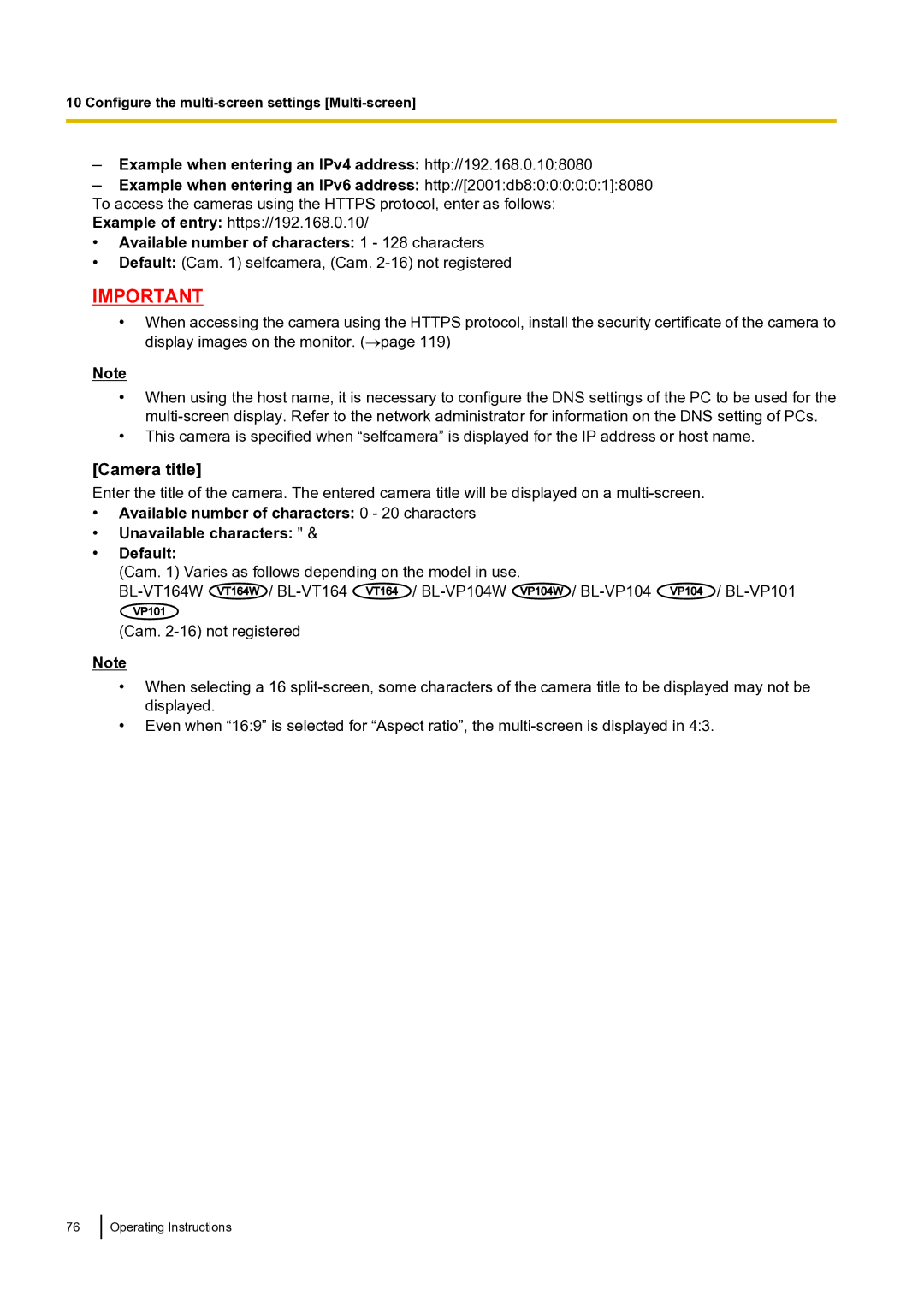 Panasonic BLVT164P operating instructions Camera title, Available number of characters 1 128 characters 