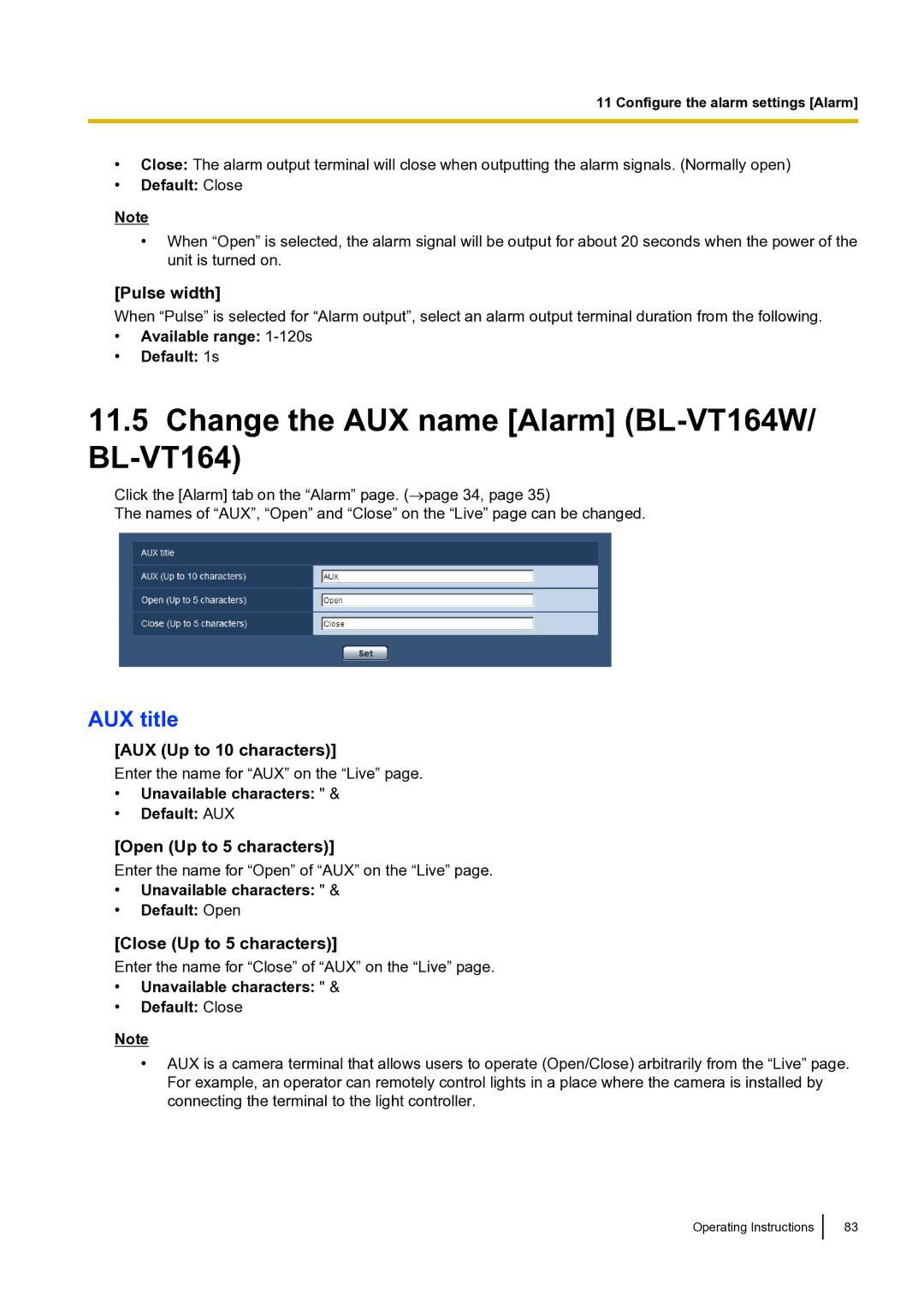 Panasonic BLVT164P operating instructions Change the AUX name Alarm BL-VT164W/ BL-VT164, AUX title 