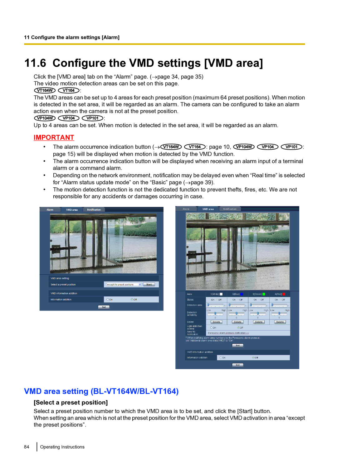 Panasonic BLVT164P Configure the VMD settings VMD area, VMD area setting BL-VT164W/BL-VT164, Select a preset position 