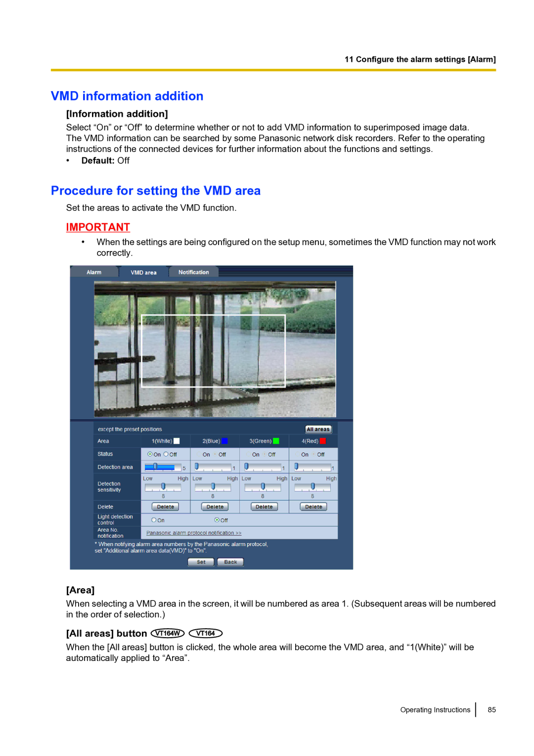 Panasonic BLVT164P VMD information addition, Procedure for setting the VMD area, Information addition 