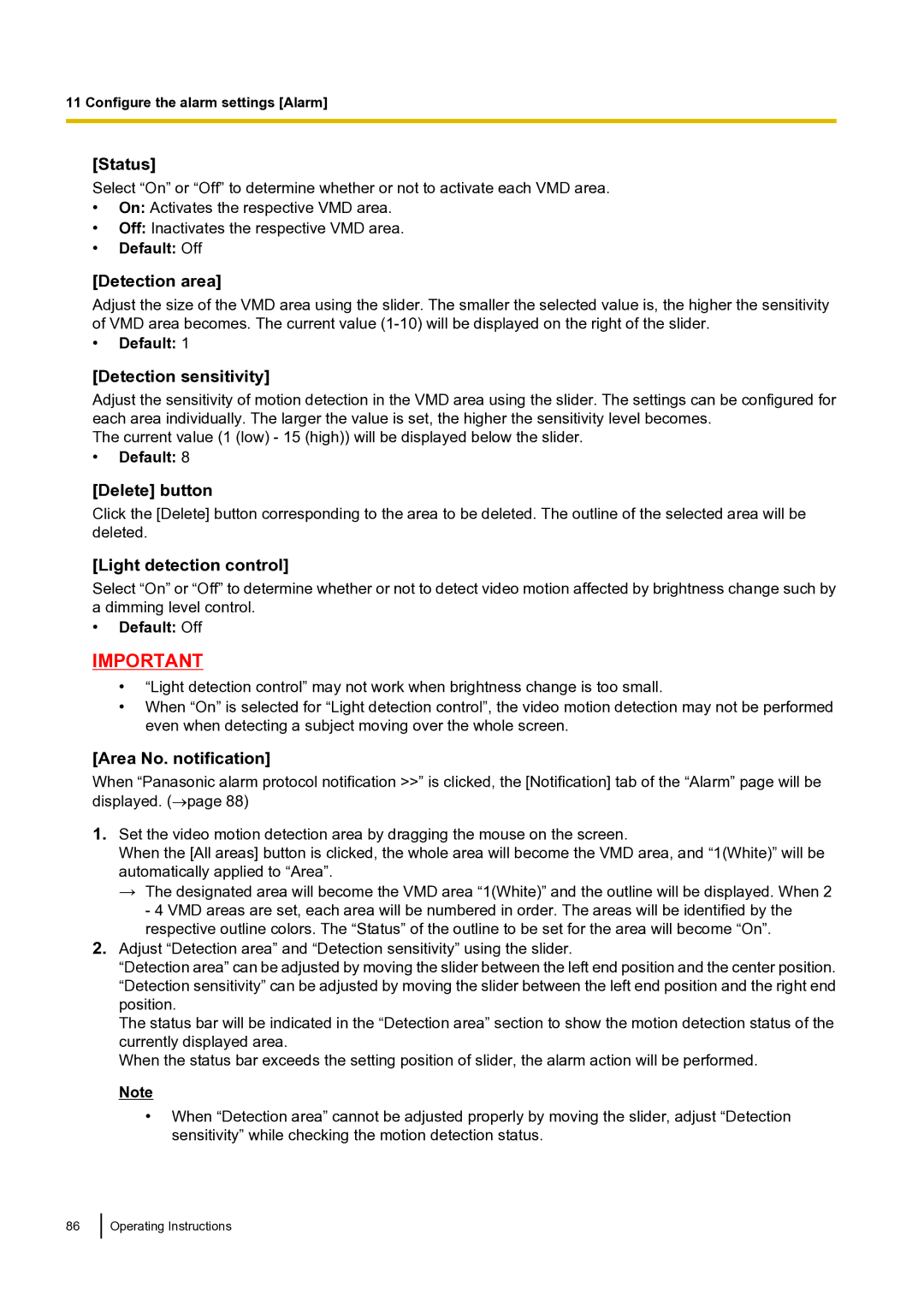 Panasonic BLVT164P Status, Detection area, Detection sensitivity, Light detection control, Area No. notification 