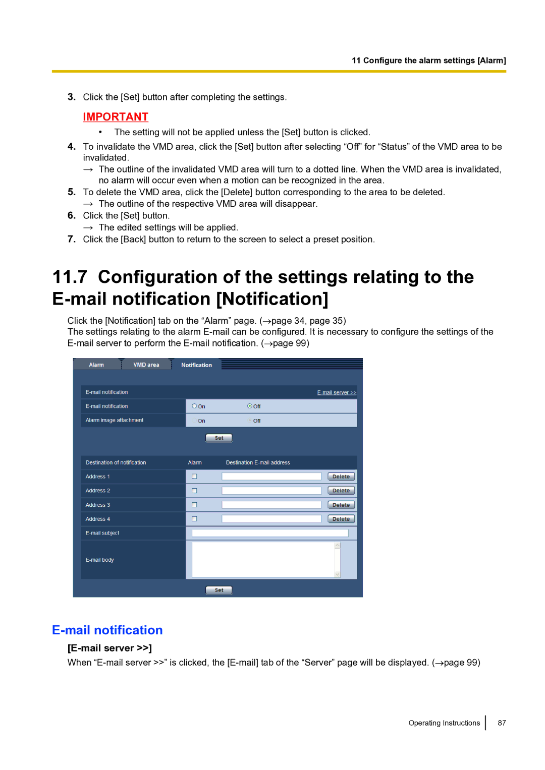 Panasonic BLVT164P operating instructions Mail notification, Mail server 