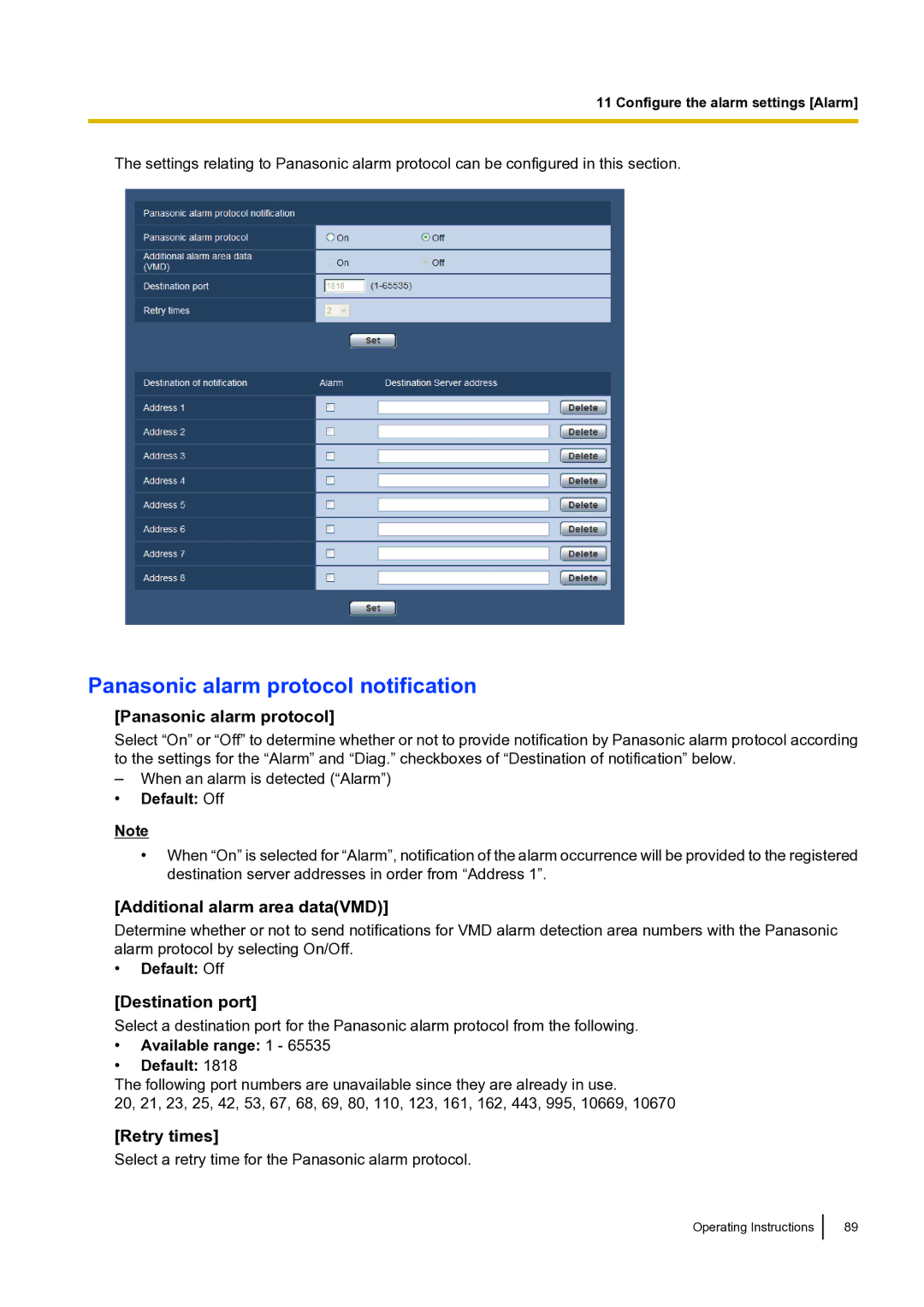 Panasonic BLVT164P Panasonic alarm protocol notification, Additional alarm area dataVMD, Destination port, Retry times 