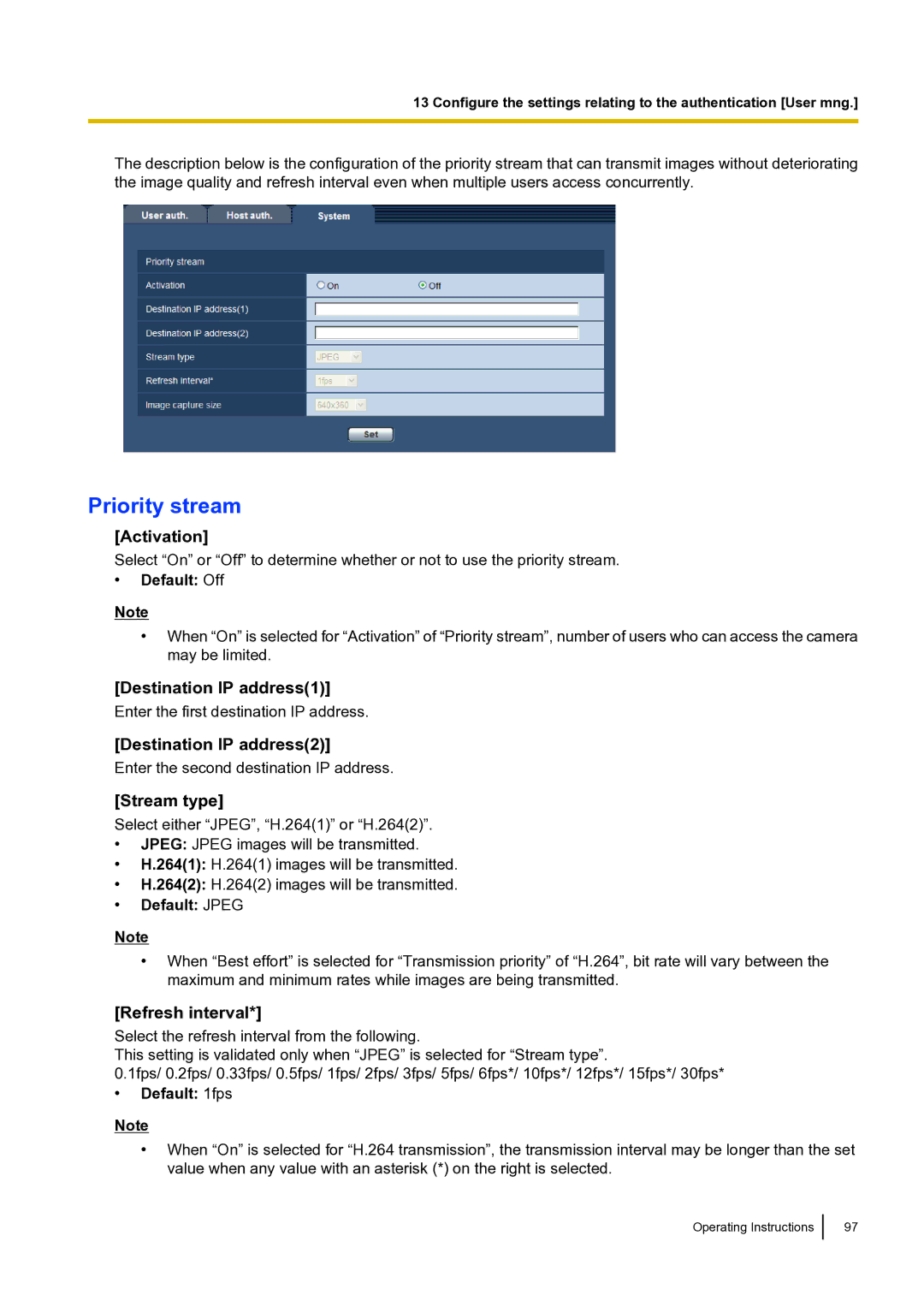 Panasonic BLVT164P Priority stream, Activation, Destination IP address1, Destination IP address2, Stream type 