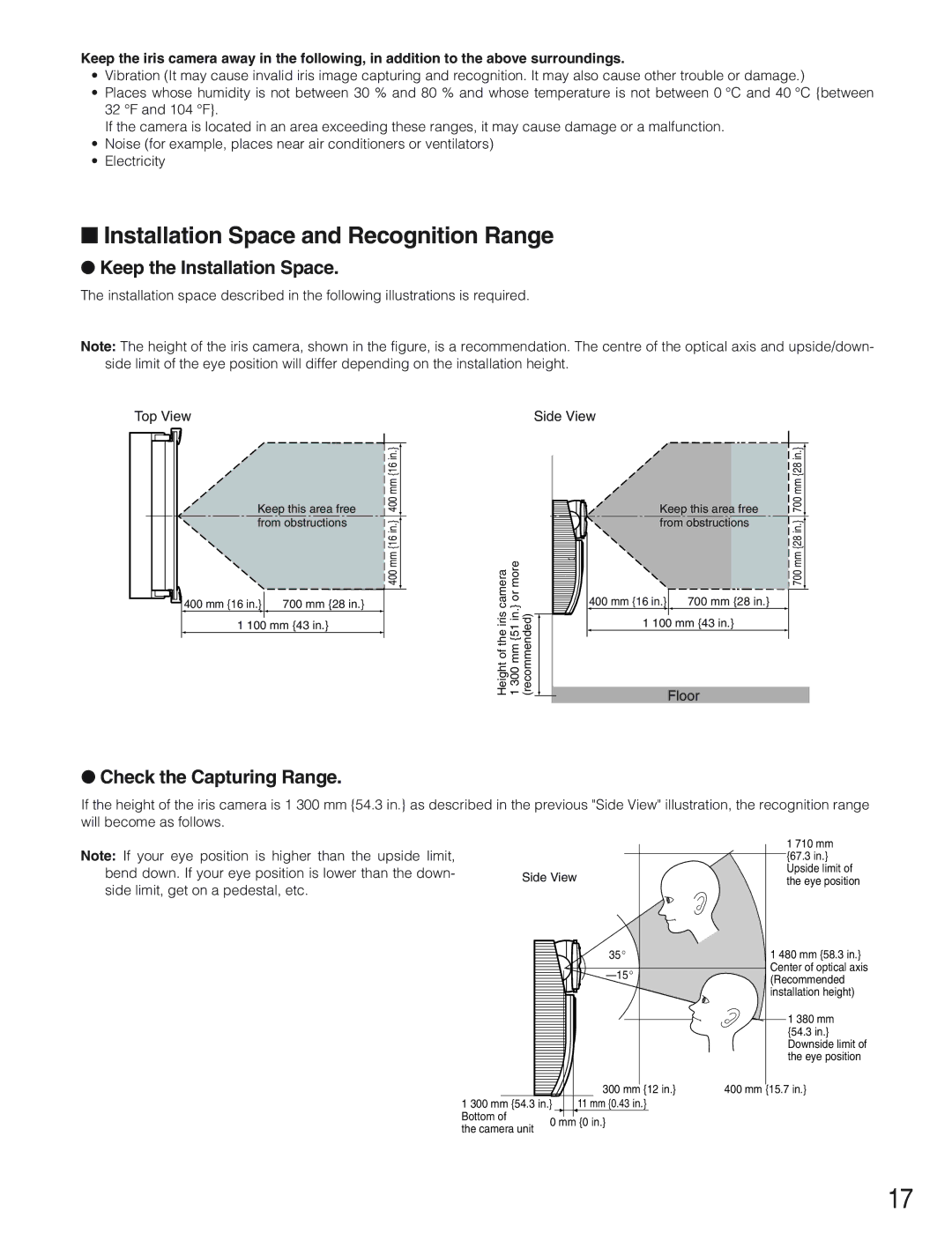 Panasonic BM-ET300AE Installation Space and Recognition Range, Keep the Installation Space, Check the Capturing Range 