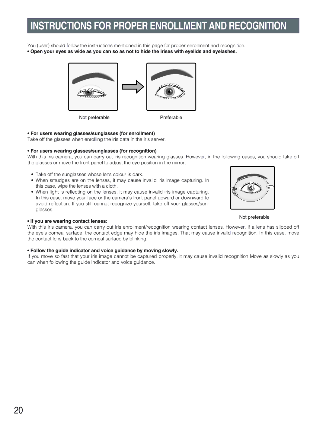 Panasonic BM-ET300AE Instructions for Proper Enrollment and Recognition, If you are wearing contact lenses 