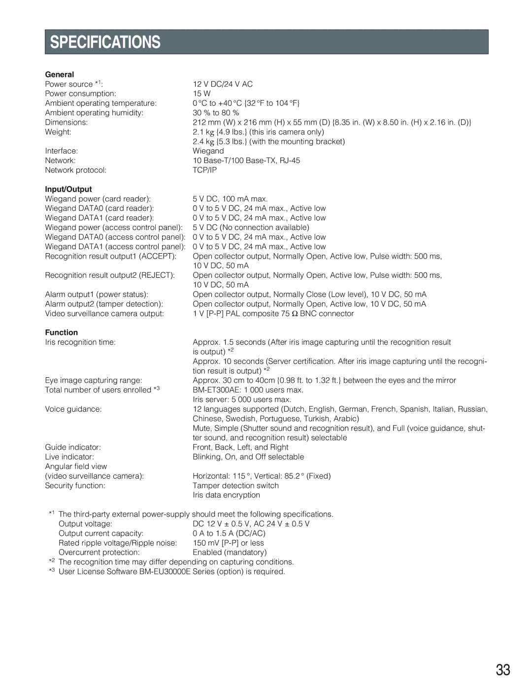 Panasonic BM-ET300AE operating instructions Specifications, General, Input/Output, Function 