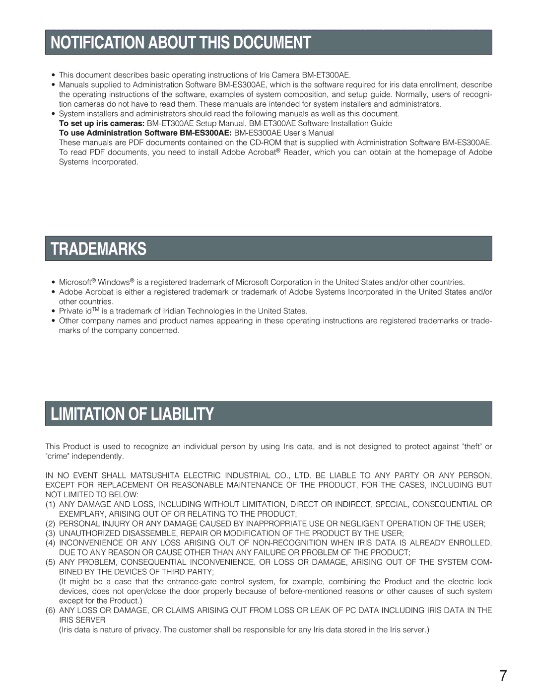 Panasonic BM-ET300AE operating instructions Notification about this Document, Trademarks, Limitation of Liability 