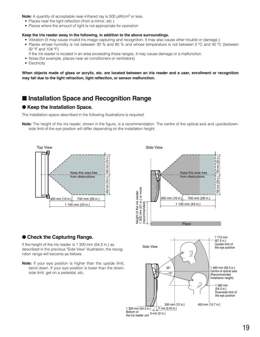 Panasonic BM-ET330 Installation Space and Recognition Range, Keep the Installation Space, Check the Capturing Range 