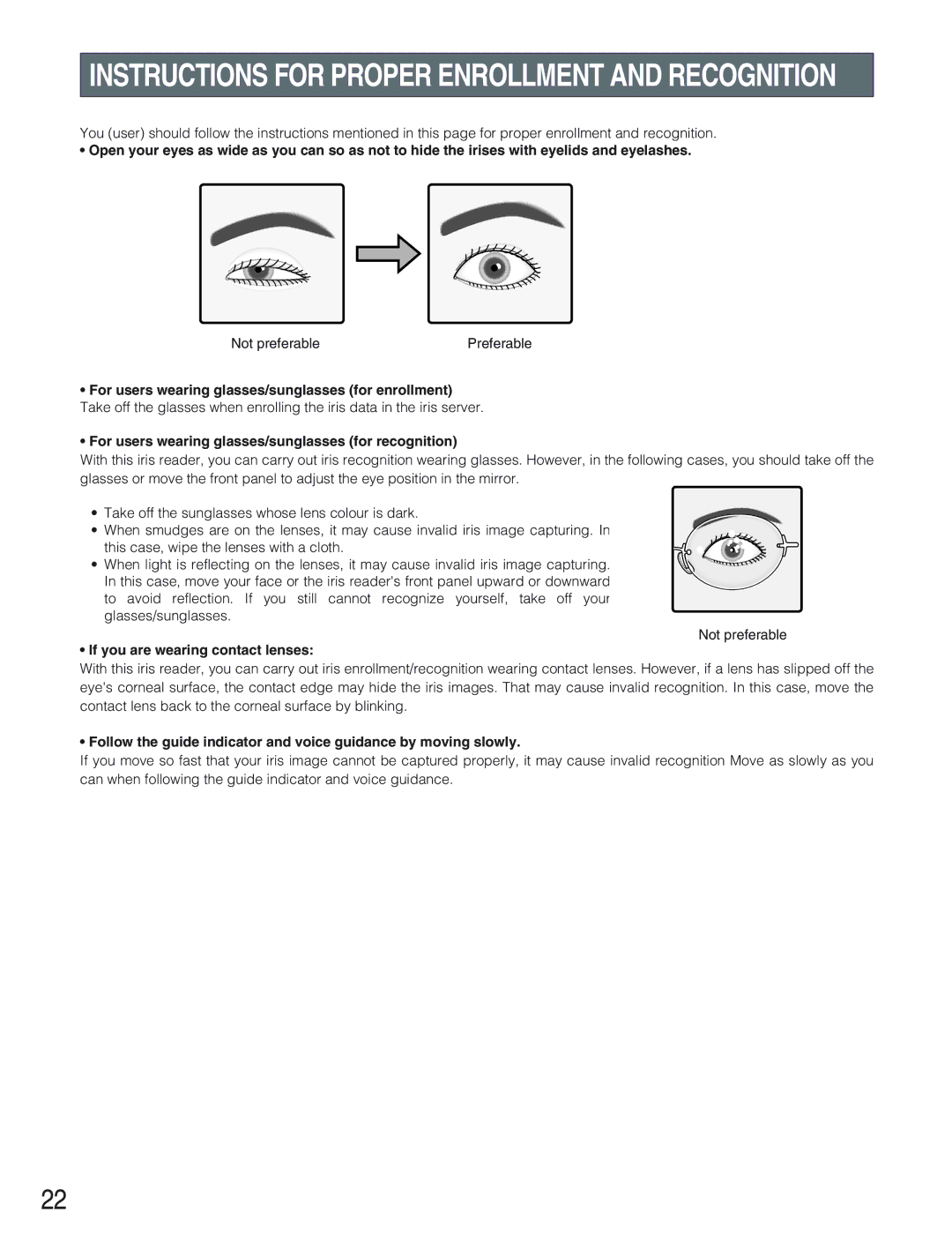 Panasonic BM-ET330 Instructions for Proper Enrollment and Recognition, If you are wearing contact lenses 