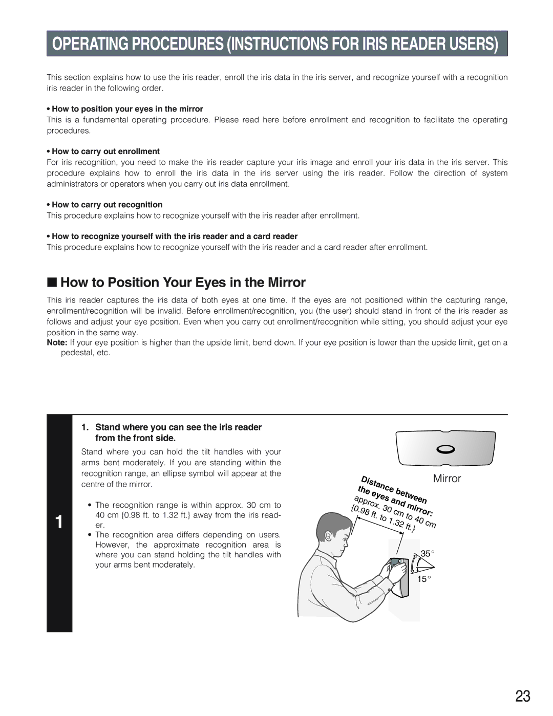 Panasonic BM-ET330 How to Position Your Eyes in the Mirror, Stand where you can see the iris reader from the front side 