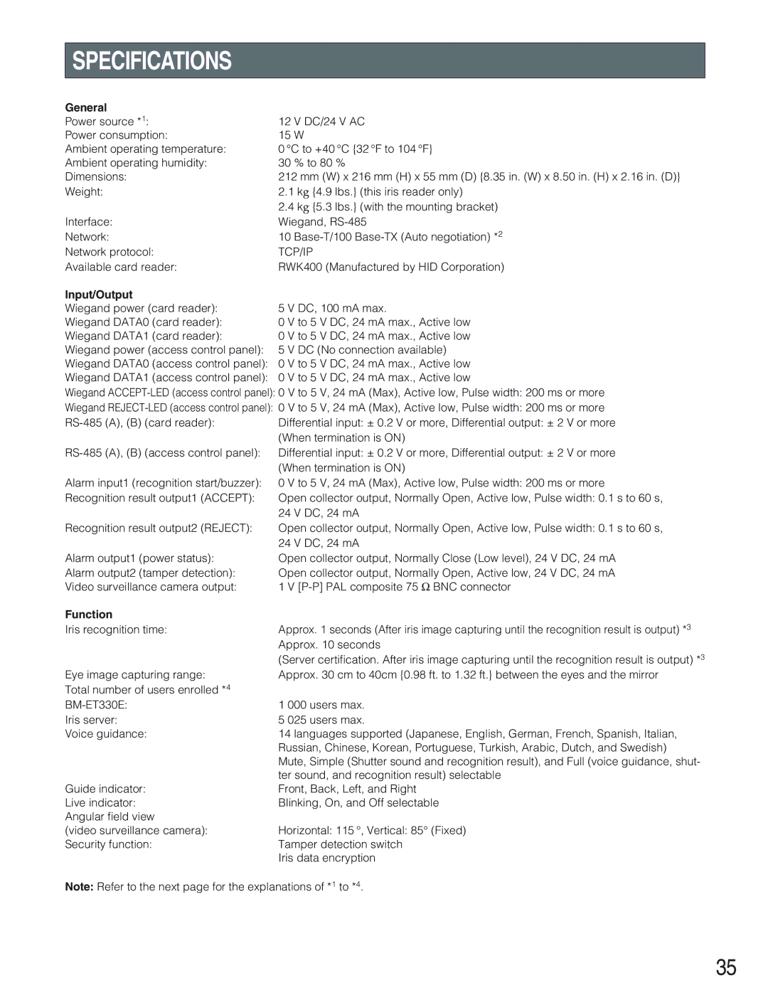 Panasonic BM-ET330 operating instructions Specifications, General, Input/Output, Function 