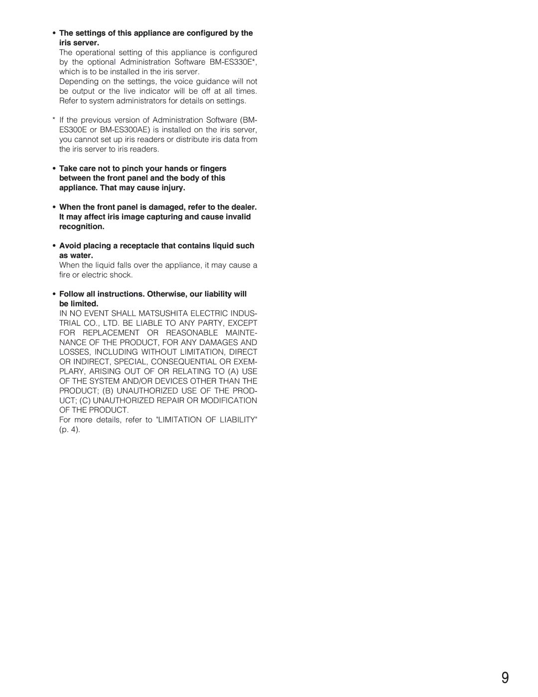 Panasonic BM-ET330 operating instructions Settings of this appliance are configured by the iris server 