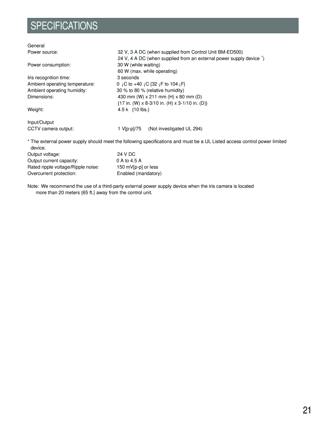 Panasonic BM-ET500 operating instructions Specifications, General, Input/Output 