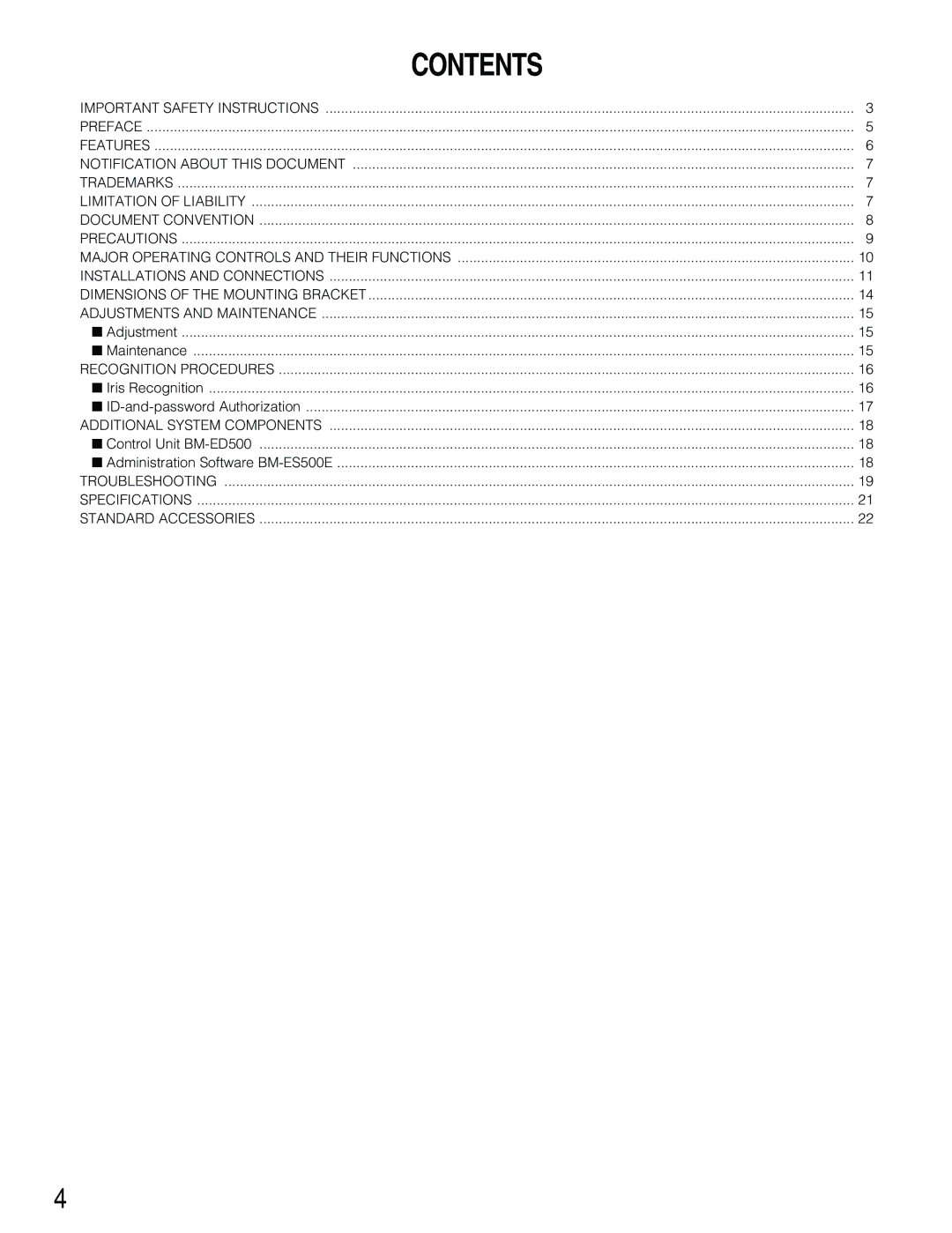 Panasonic BM-ET500 operating instructions Contents 