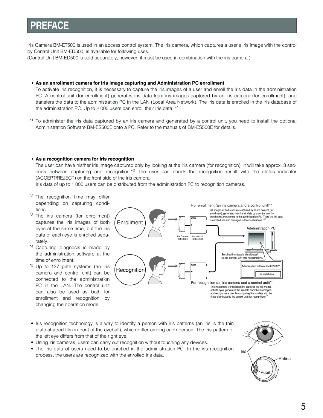 Panasonic BM-ET500 operating instructions Preface, As a recognition camera for iris recognition 