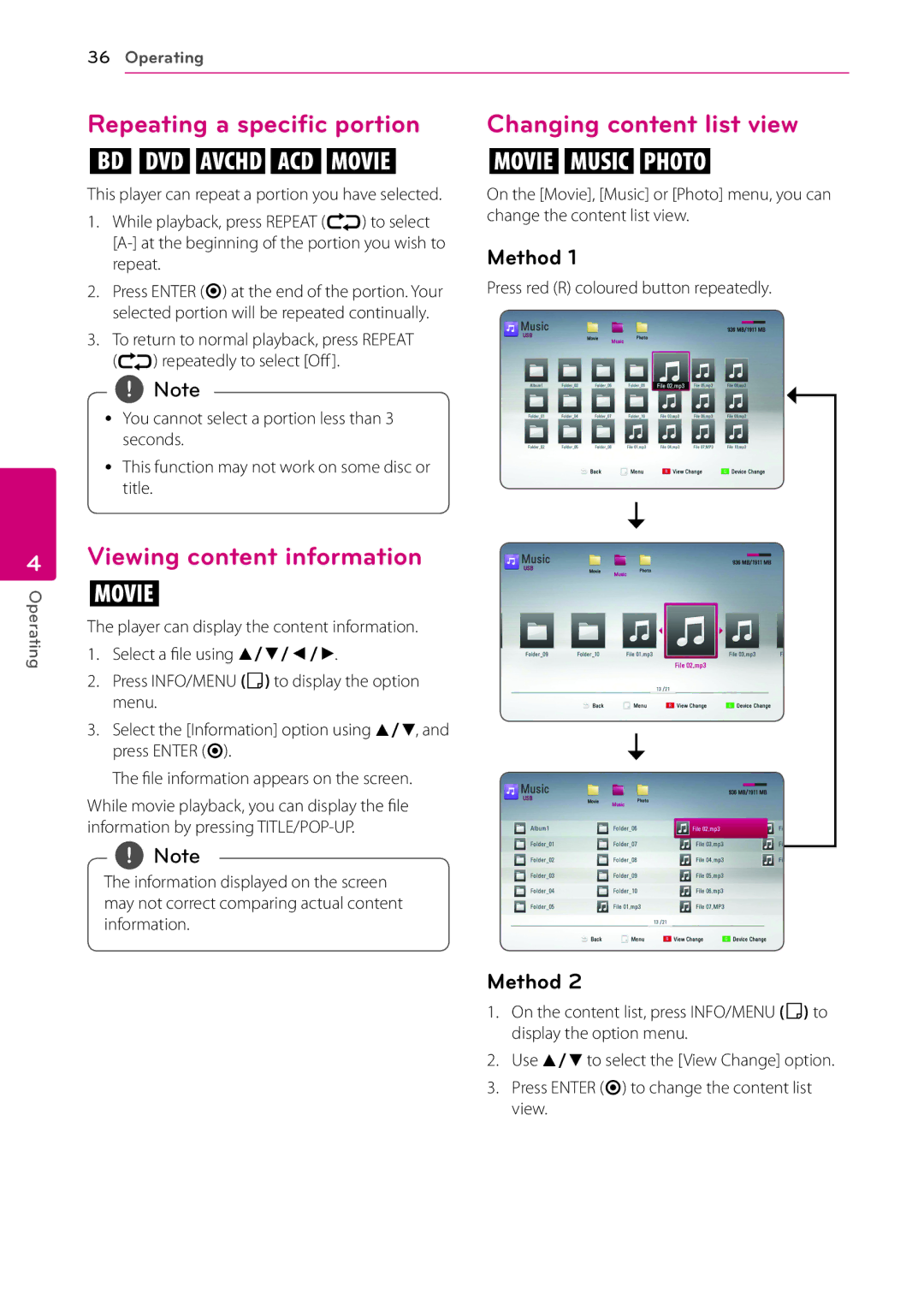 Panasonic BP325N owner manual Repeating a specific portion, Viewing content information, Changing content list view, Method 