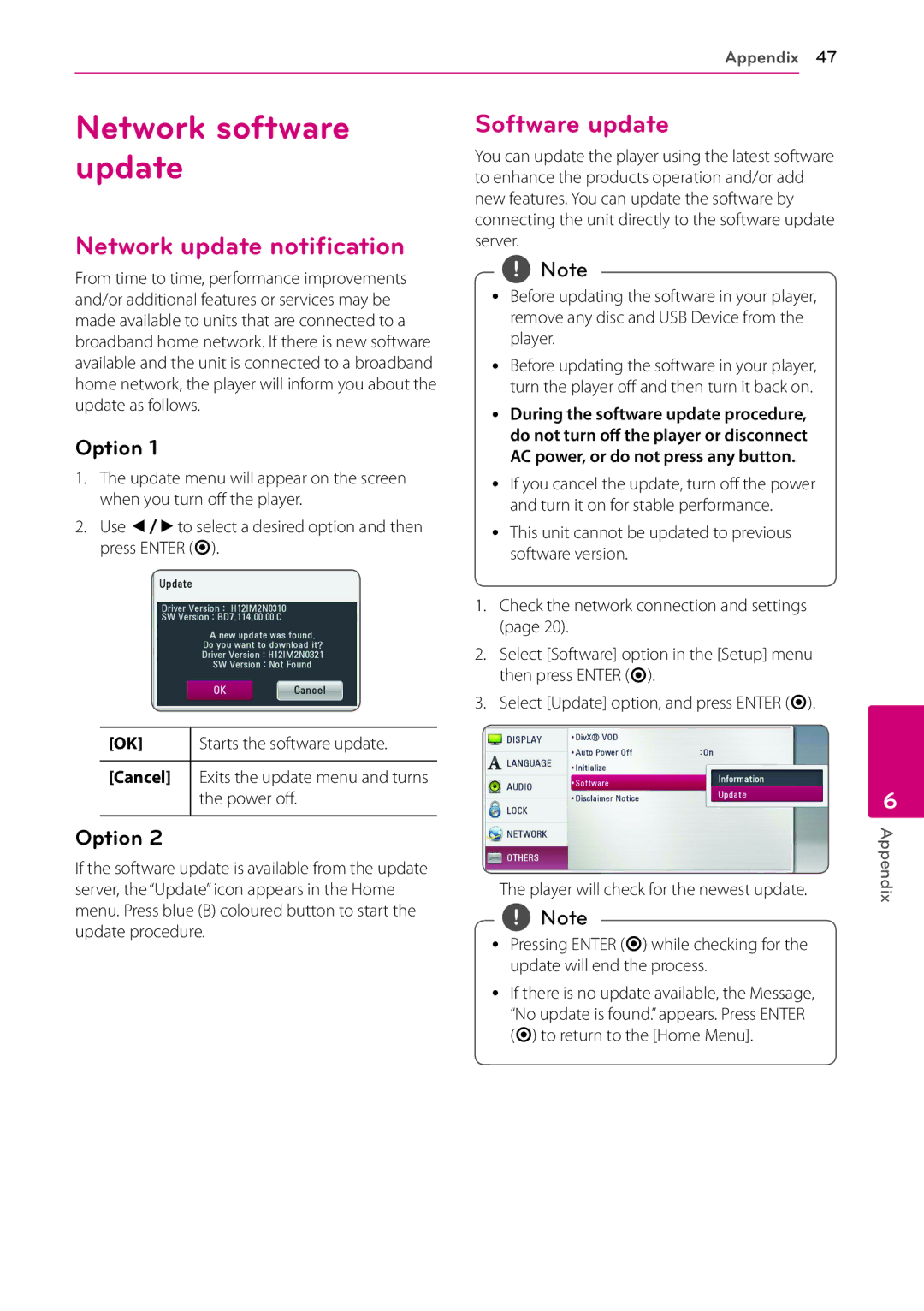 Panasonic BP325N owner manual Network software update, Network update notification, Software update, Option 