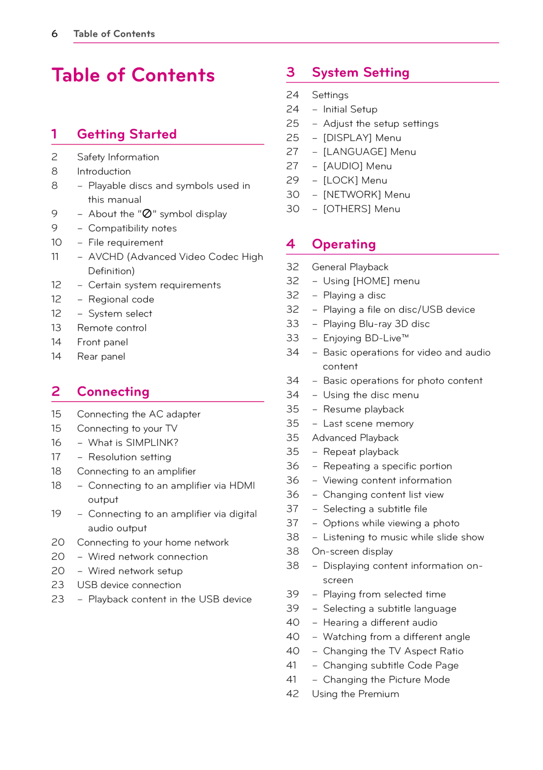 Panasonic BP325N owner manual Table of Contents 