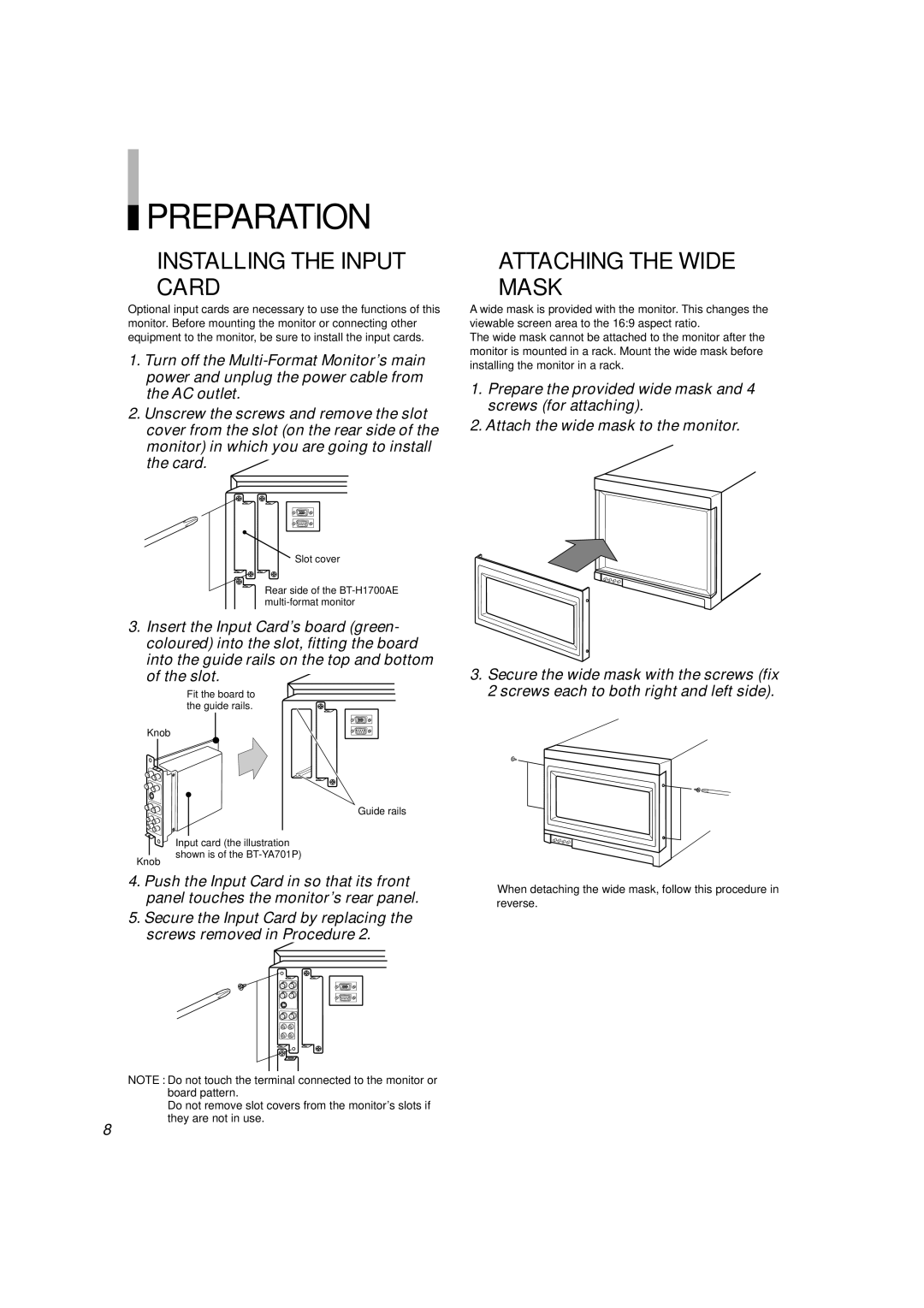 Panasonic BT-H1700AE manual Preparation,  Installing the Input Card,  Attaching the Wide Mask 