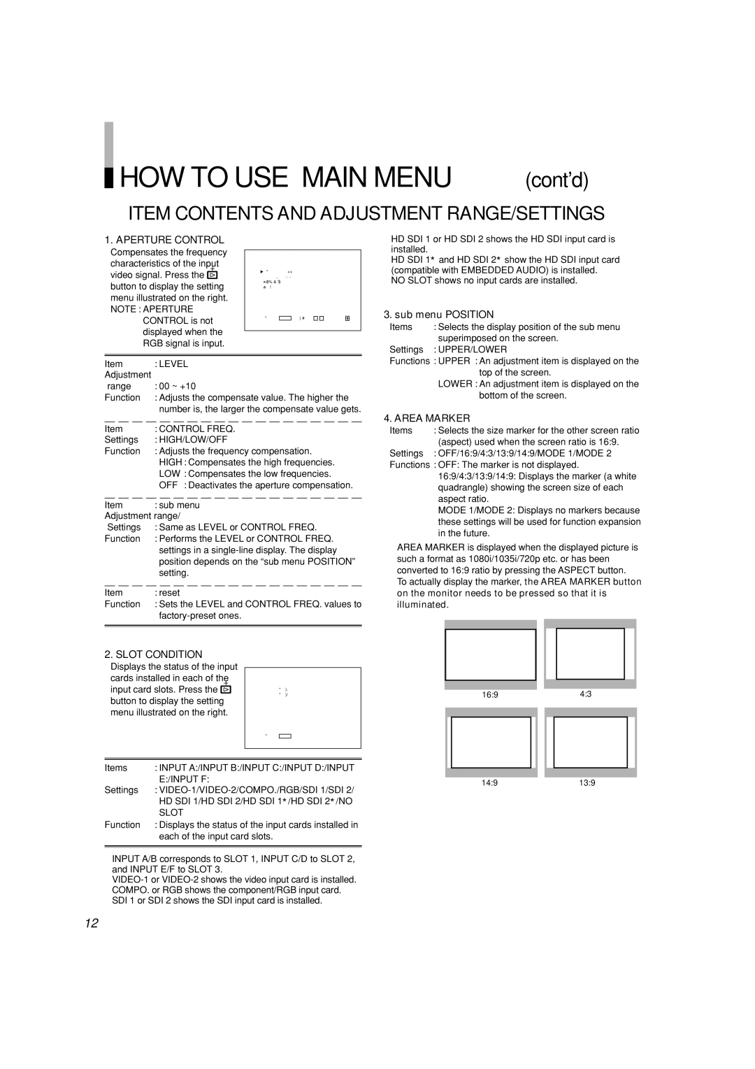 Panasonic BT-H1700AE manual HOW to USE Main Menu contd,  Item Contents and Adjustment RANGE/SETTINGS 