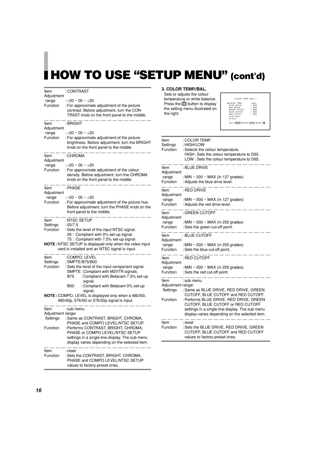 Panasonic BT-H1700AE manual Color TEMP./BAL 