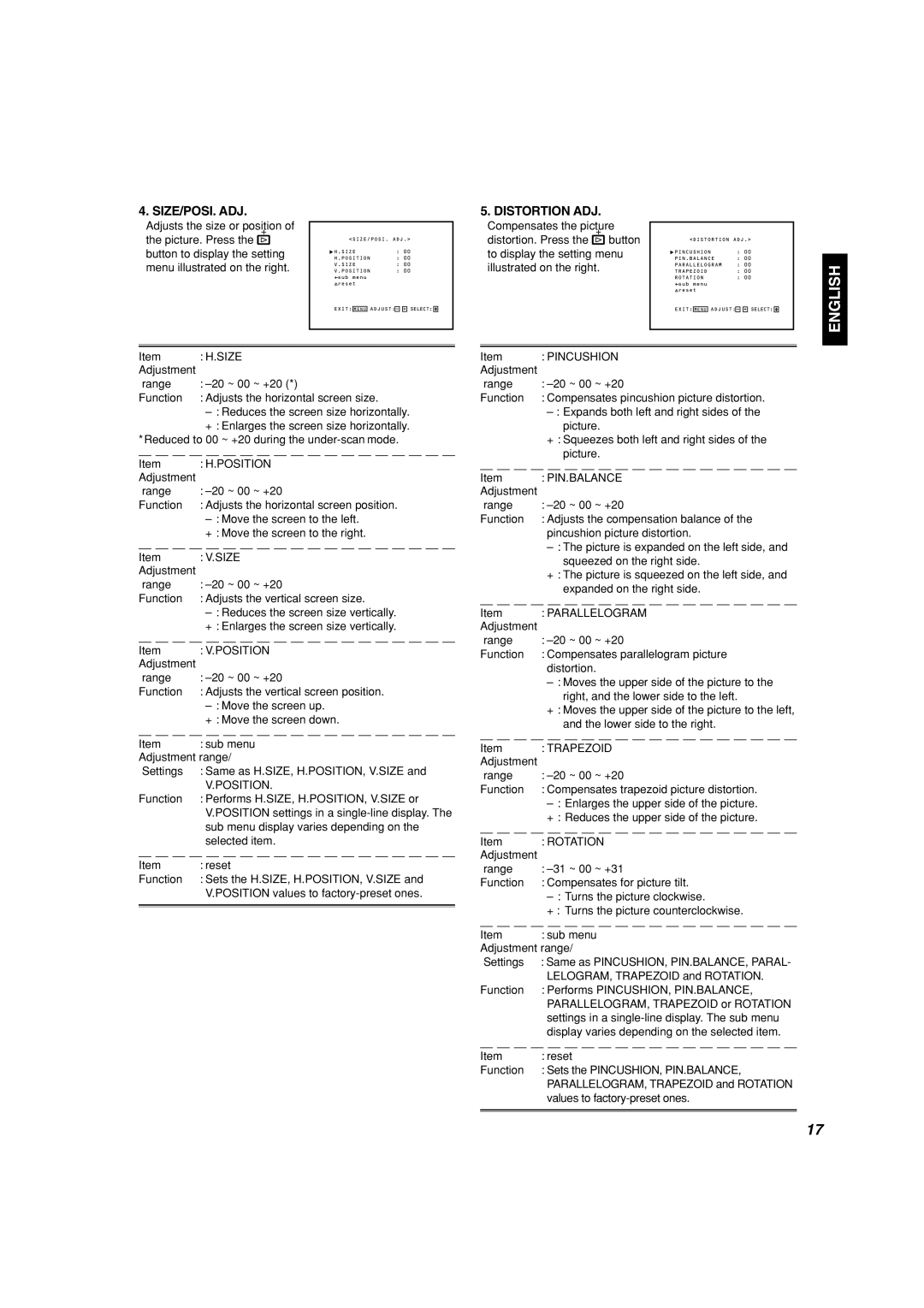 Panasonic BT-H1700AE manual Size/Posi. Adj, Distortion ADJ 