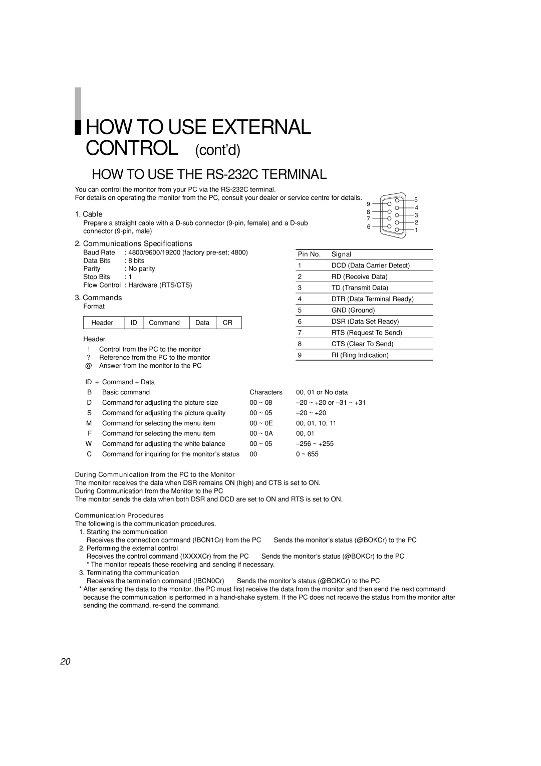 Panasonic BT-H1700AE manual HOW to USE External,  HOW to USE the RS-232C Terminal, Cable, Communications Specifications 