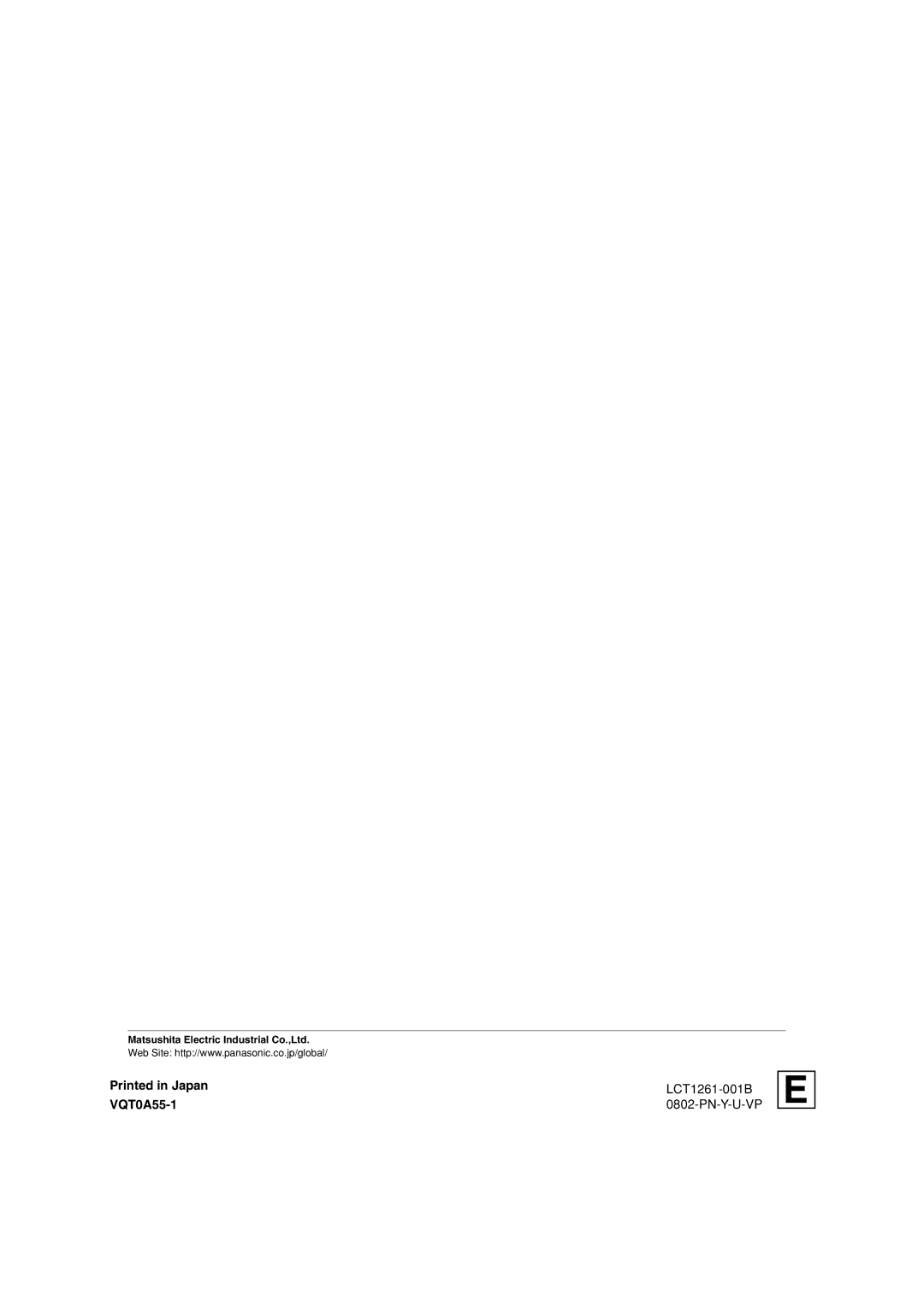 Panasonic BT-H1700AE manual LCT1261-001B, VQT0A55-1 PN-Y-U-VP 