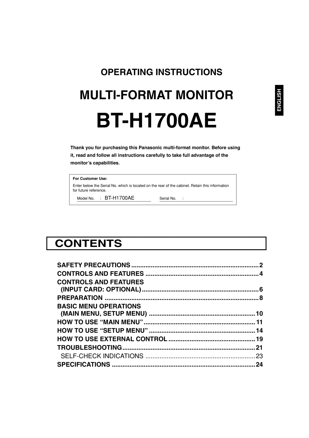 Panasonic BT-H1700AE manual 