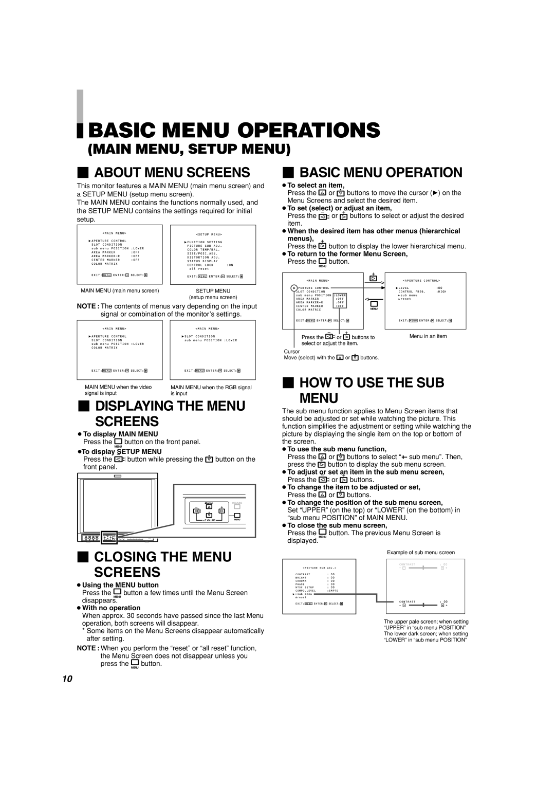 Panasonic BT-H1700AE manual Basic Menu Operations, Main Menu, Setup Menu,  About Menu Screens,  Basic Menu Operation 