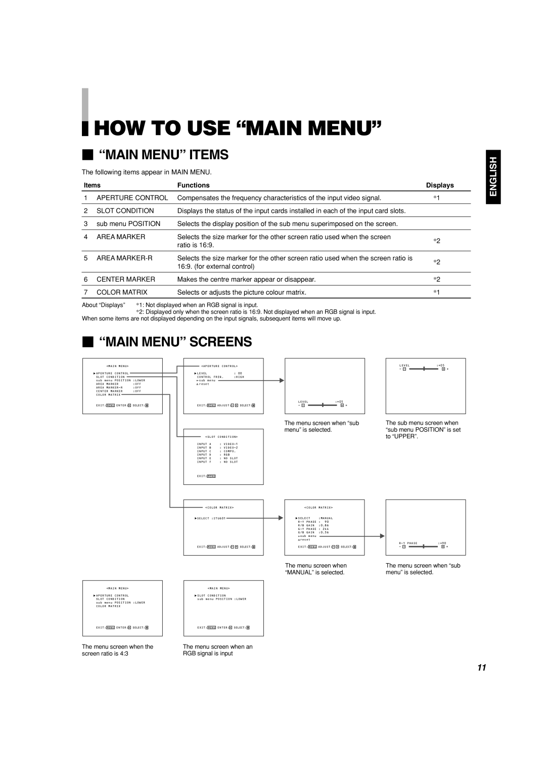 Panasonic BT-H1700AE manual How To Use “Main Menu”,  “Main Menu” Items,  “Main Menu” Screens, English 