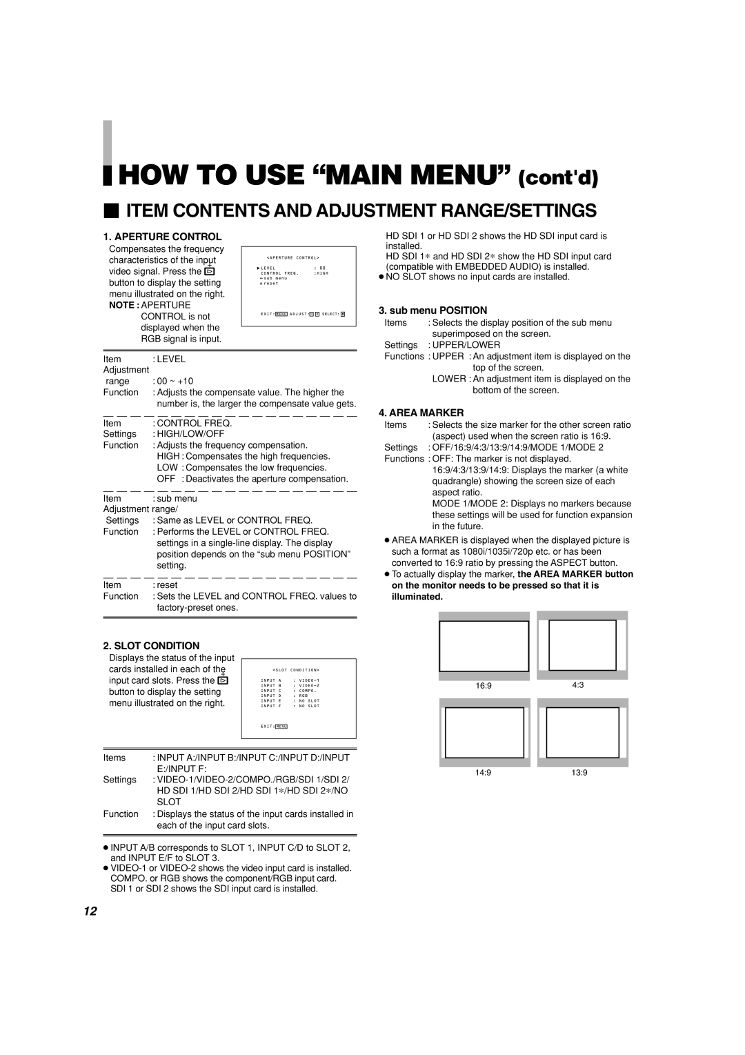 Panasonic BT-H1700AE manual HOW TO USE “MAIN MENU” contd,  Item Contents And Adjustment Range/Settings 