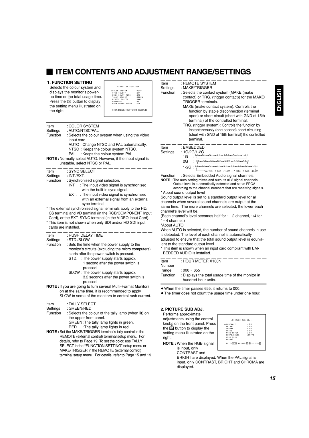 Panasonic BT-H1700AE manual  Item Contents And Adjustment Range/Settings, English, Function Setting, Picture Sub Adj 