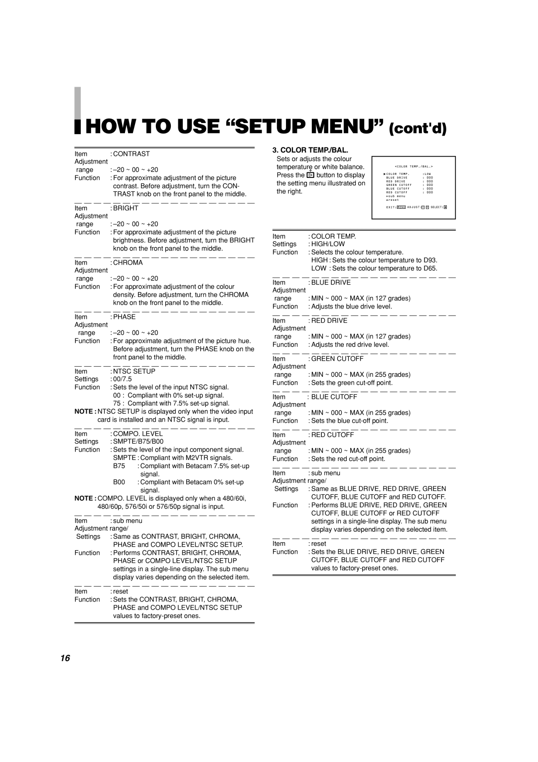 Panasonic BT-H1700AE manual HOW TO USE “SETUP MENU” contd, Color Temp./Bal 
