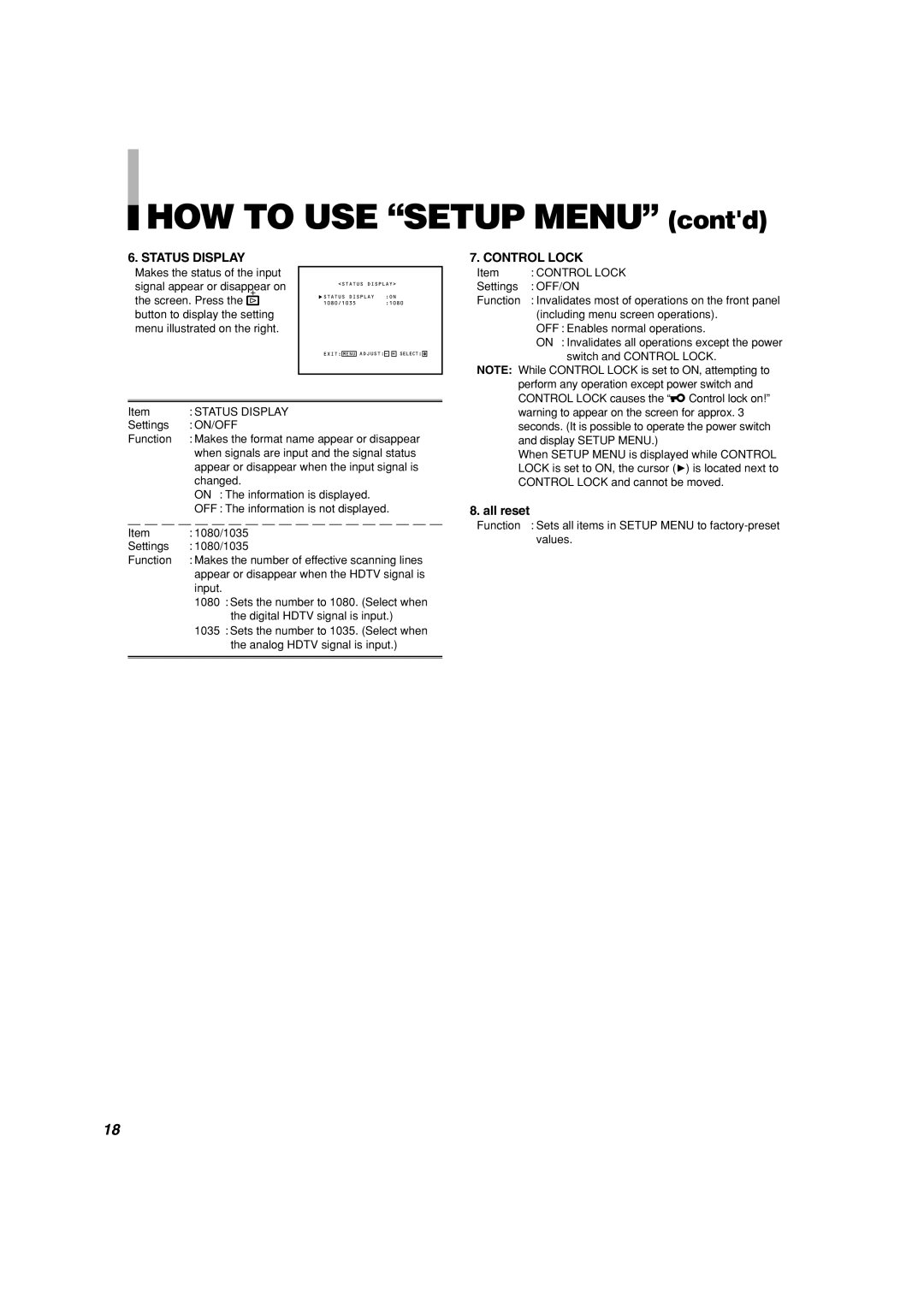 Panasonic BT-H1700AE manual HOW TO USE “SETUP MENU” contd, Status Display, Control Lock, all reset 