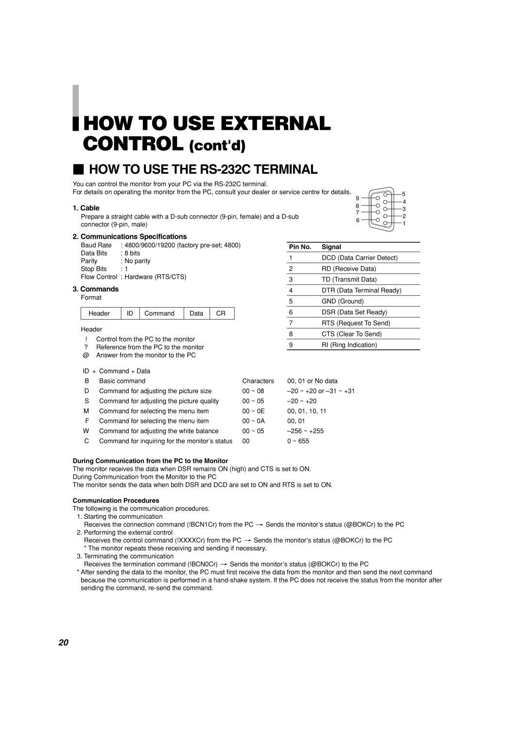 Panasonic BT-H1700AE manual HOW TO USE EXTERNAL CONTROL contd,  HOW TO USE THE RS-232C TERMINAL 
